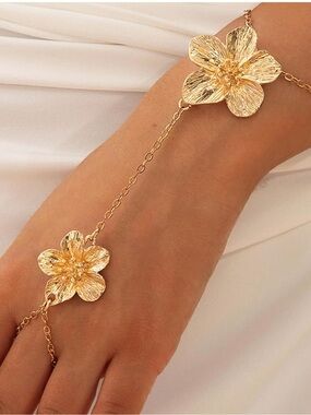 Anthropologie Gold Floral Hand Chain Bracelet